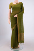 Green Mangalagiri Cotton Saree with Plain Body and Zari Border.  displayed on a mannequin