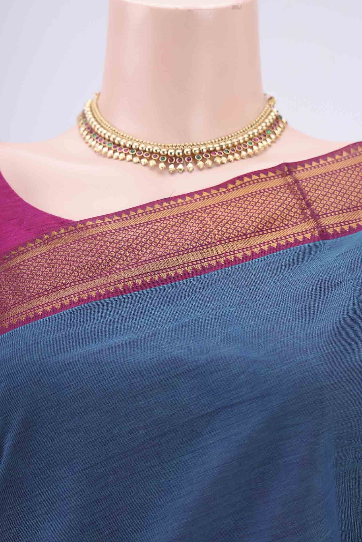 Border image of Peacock Blue Mangalagiri Cotton Saree with Plain Body and Zari Border. 