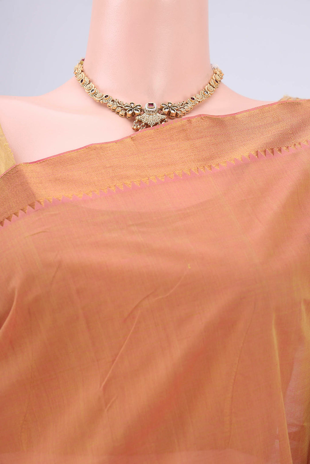 Border image of Mustard Mangalagiri Cotton Saree with Plain Body and Zari Border. 