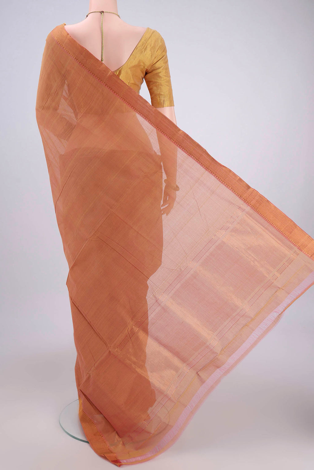 Flat view of Mustard Mangalagiri Cotton Saree with Plain Body and Zari Border. 