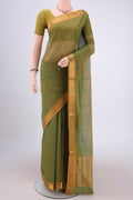 Light Green Mangalagiri Cotton Saree with Plain Body and Zari Border.  displayed on a mannequin