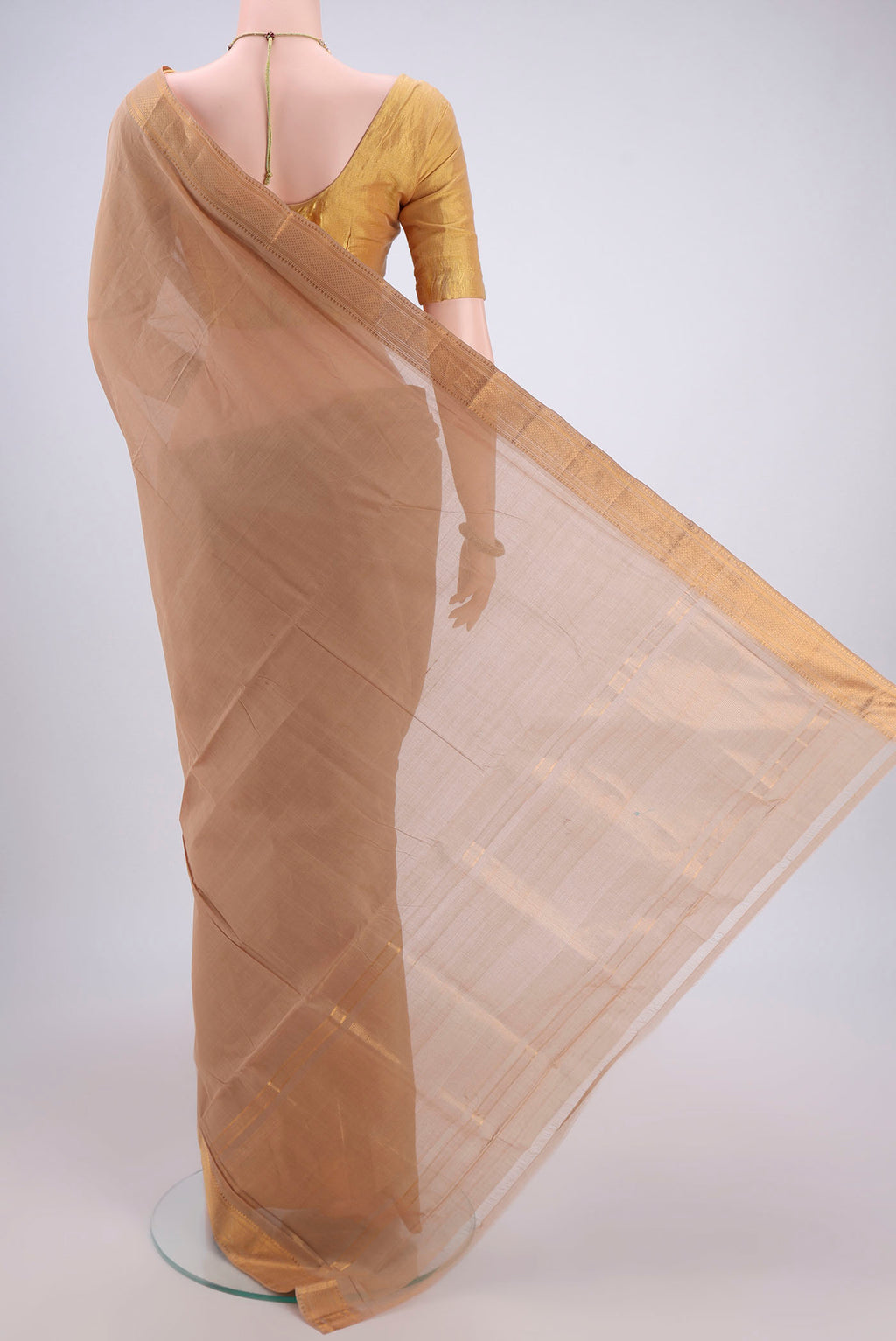 Flat view of Beige Mangalagiri Cotton Saree with Plain Body and Zari Border. 