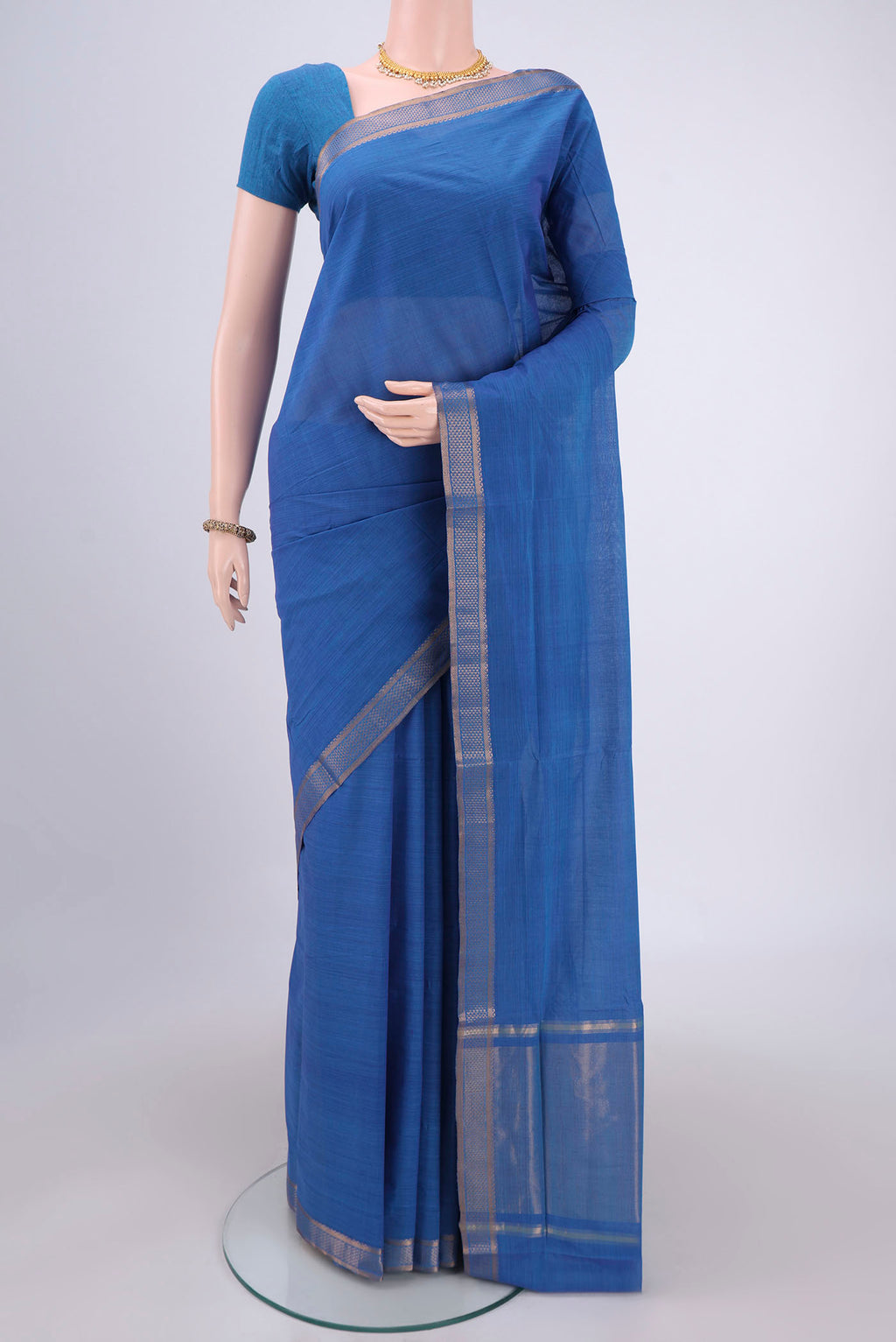 Blue Mangalagiri Cotton Saree with Plain Body and Zari Border.  displayed on a mannequin