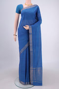 Blue Mangalagiri Cotton Saree with Plain Body and Zari Border.  displayed on a mannequin