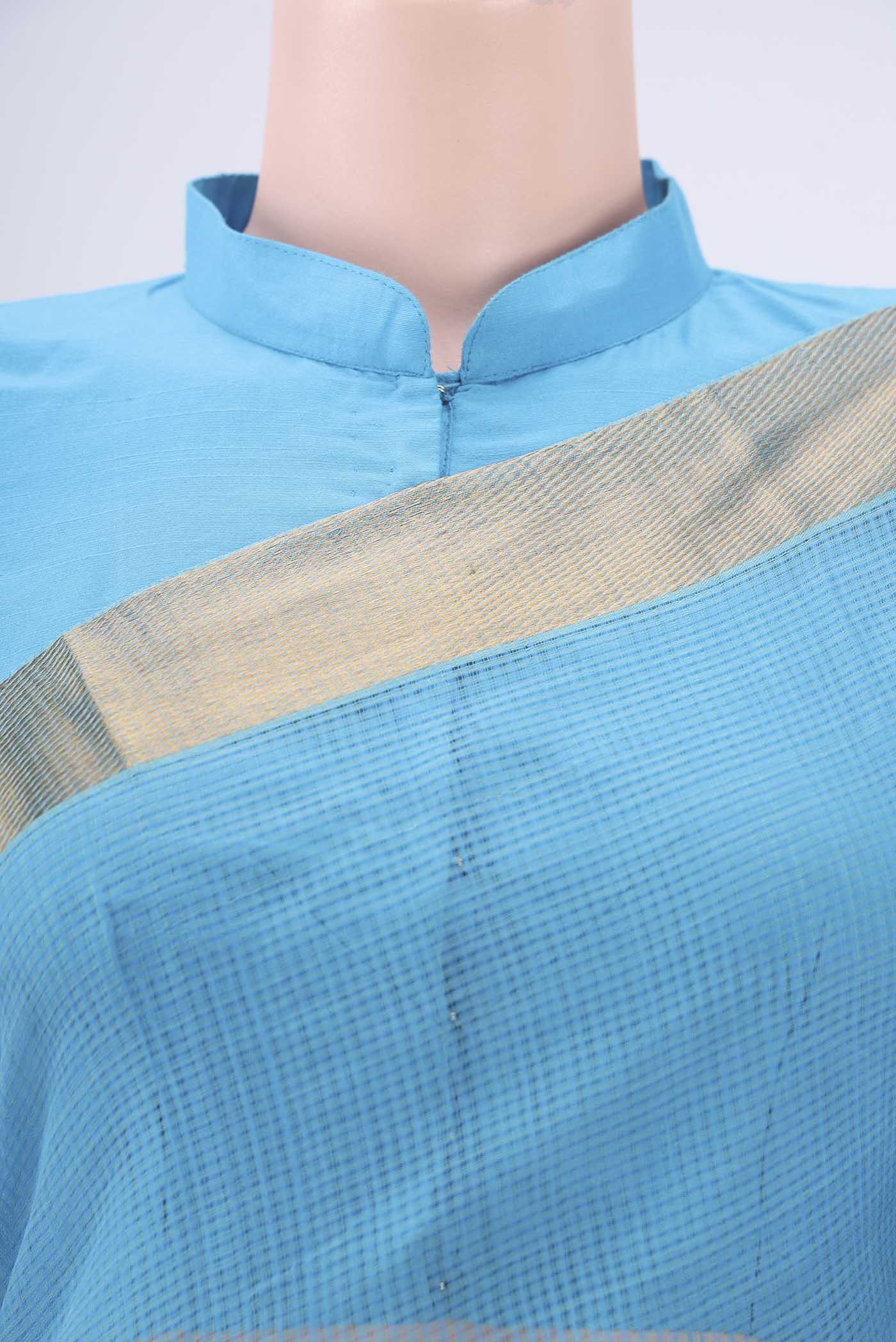 Border image of Blue Mangalagiri Cotton Saree with Plain Body and Zari Border. 