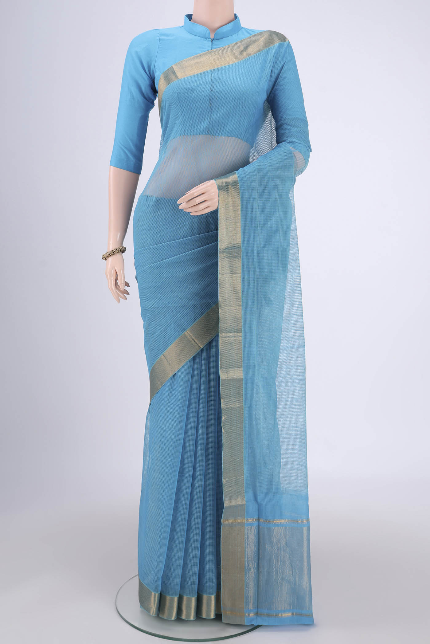 Blue Mangalagiri Cotton Saree with Plain Body and Zari Border.  displayed on a mannequin