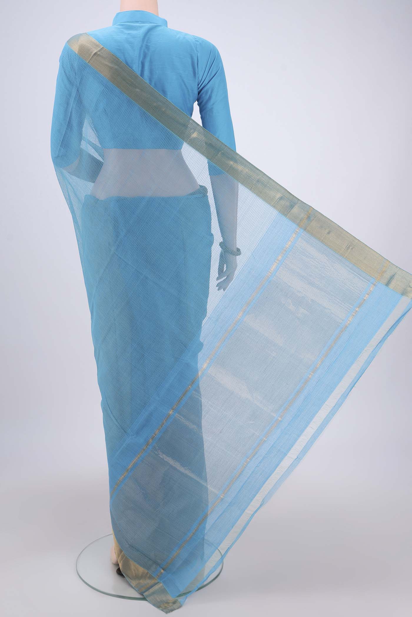 Flat view of Blue Mangalagiri Cotton Saree with Plain Body and Zari Border. 
