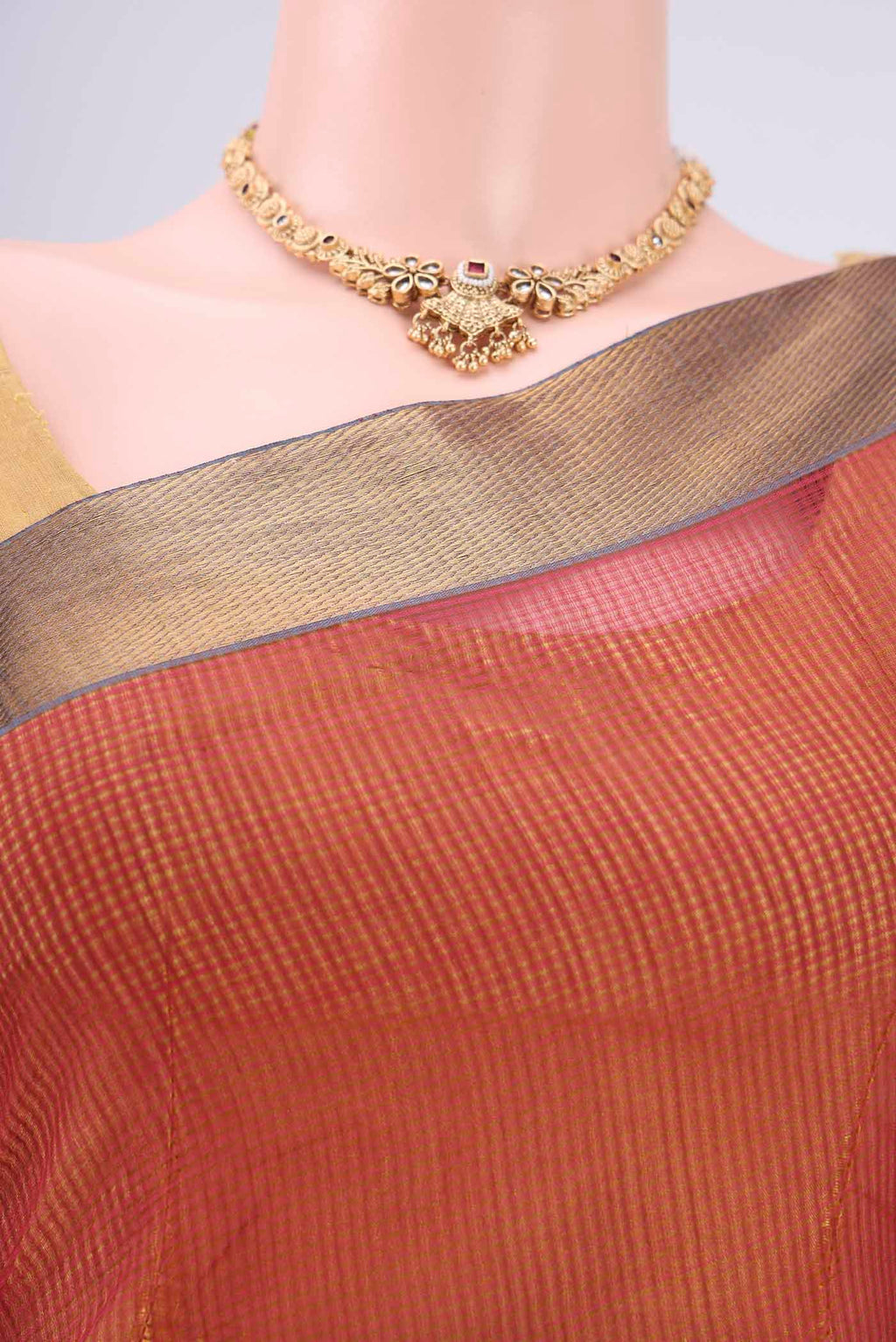 Border image of Rust Mangalagiri Cotton Saree with Plain Body and Zari Border. 
