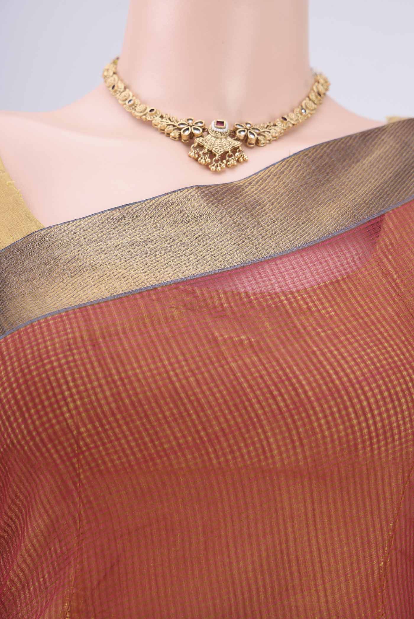 Border image of Rust Mangalagiri Cotton Saree with Plain Body and Zari Border. 