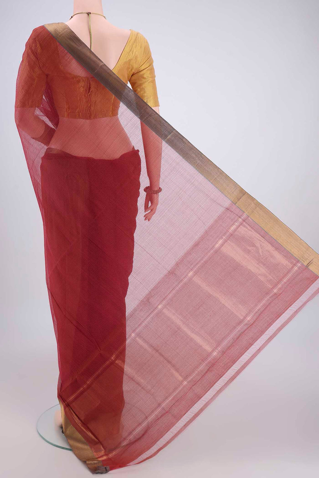 Flat view of Rust Mangalagiri Cotton Saree with Plain Body and Zari Border. 