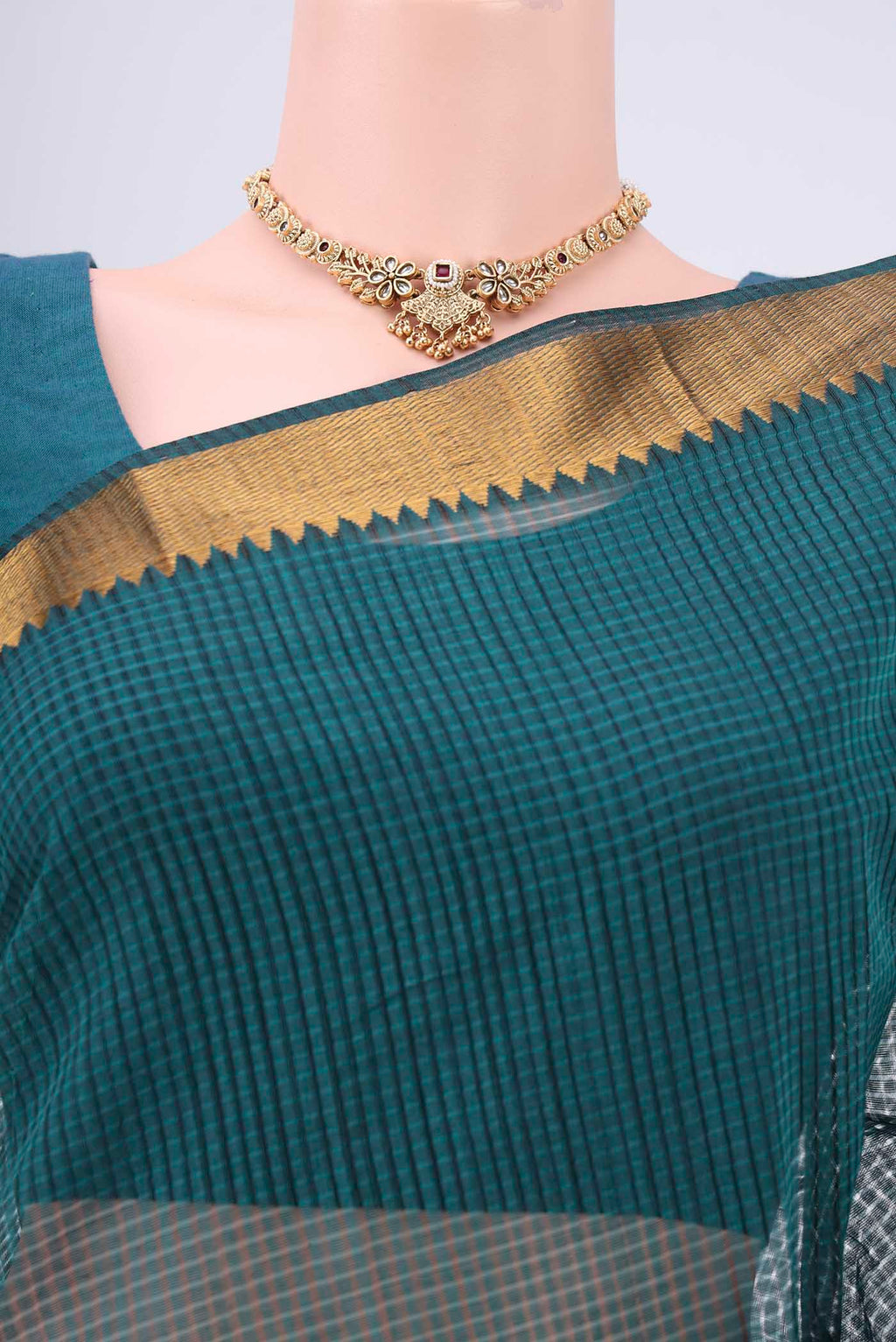 Border image of Peacock Blue Mangalagiri Cotton Saree with Plain Body and Zari Border. 