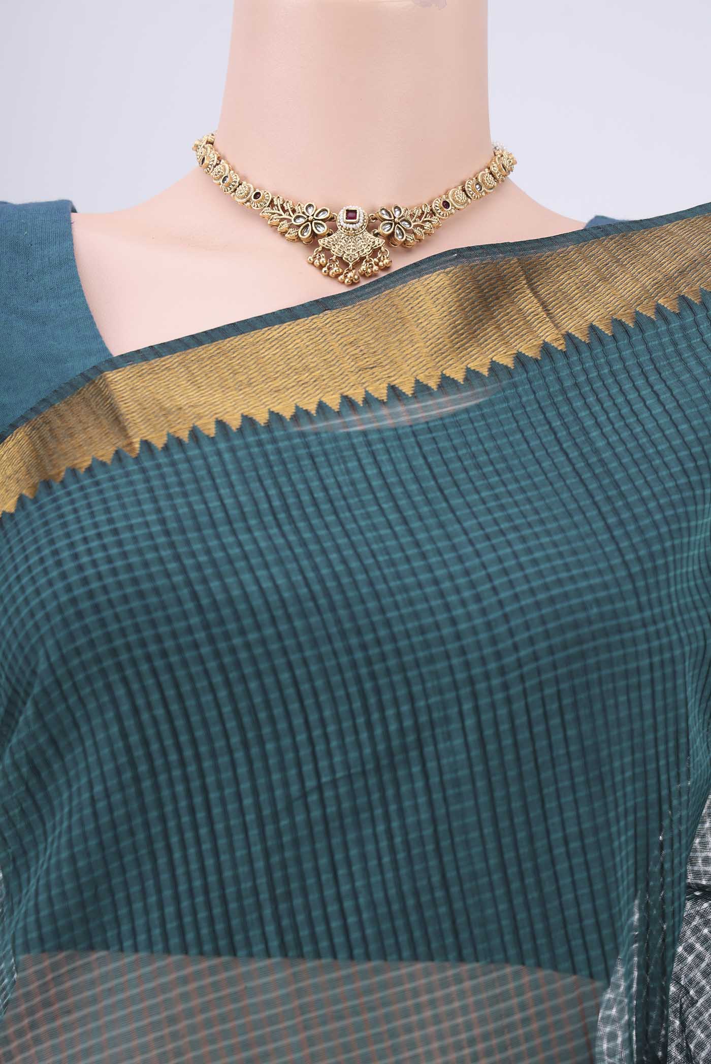 Border image of Peacock Blue Mangalagiri Cotton Saree with Plain Body and Zari Border. 