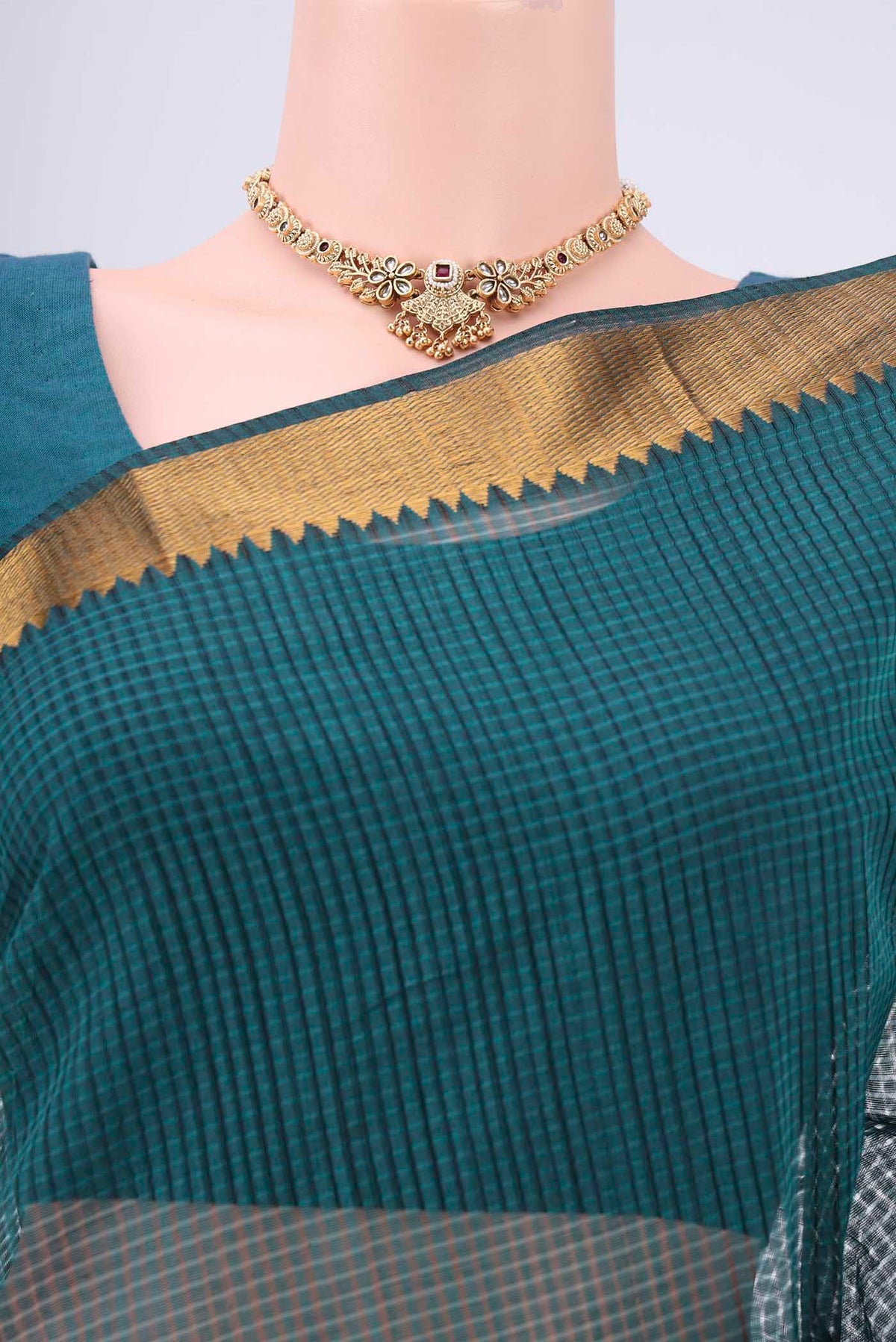 Border image of Peacock Blue Mangalagiri Cotton Saree with Plain Body and Zari Border. 