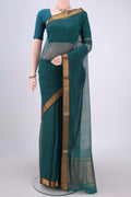 Peacock Blue Mangalagiri Cotton Saree with Plain Body and Zari Border.  displayed on a mannequin