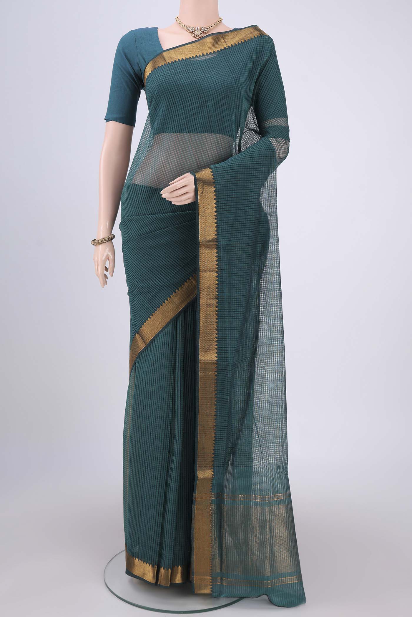Peacock Blue Mangalagiri Cotton Saree with Plain Body and Zari Border.  displayed on a mannequin
