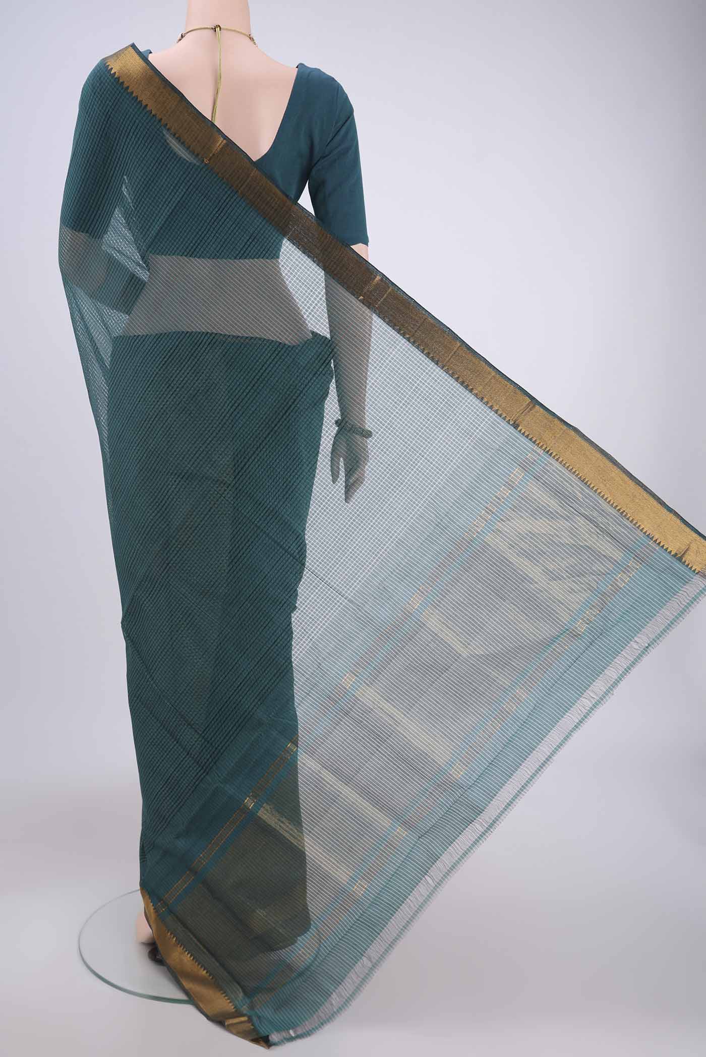 Flat view of Peacock Blue Mangalagiri Cotton Saree with Plain Body and Zari Border. 