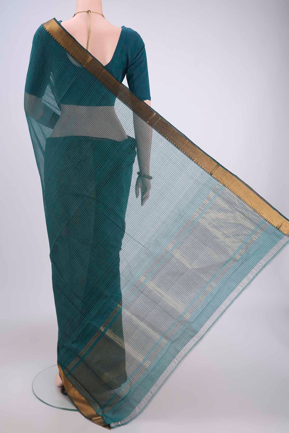 Flat view of Peacock Blue Mangalagiri Cotton Saree with Plain Body and Zari Border. 