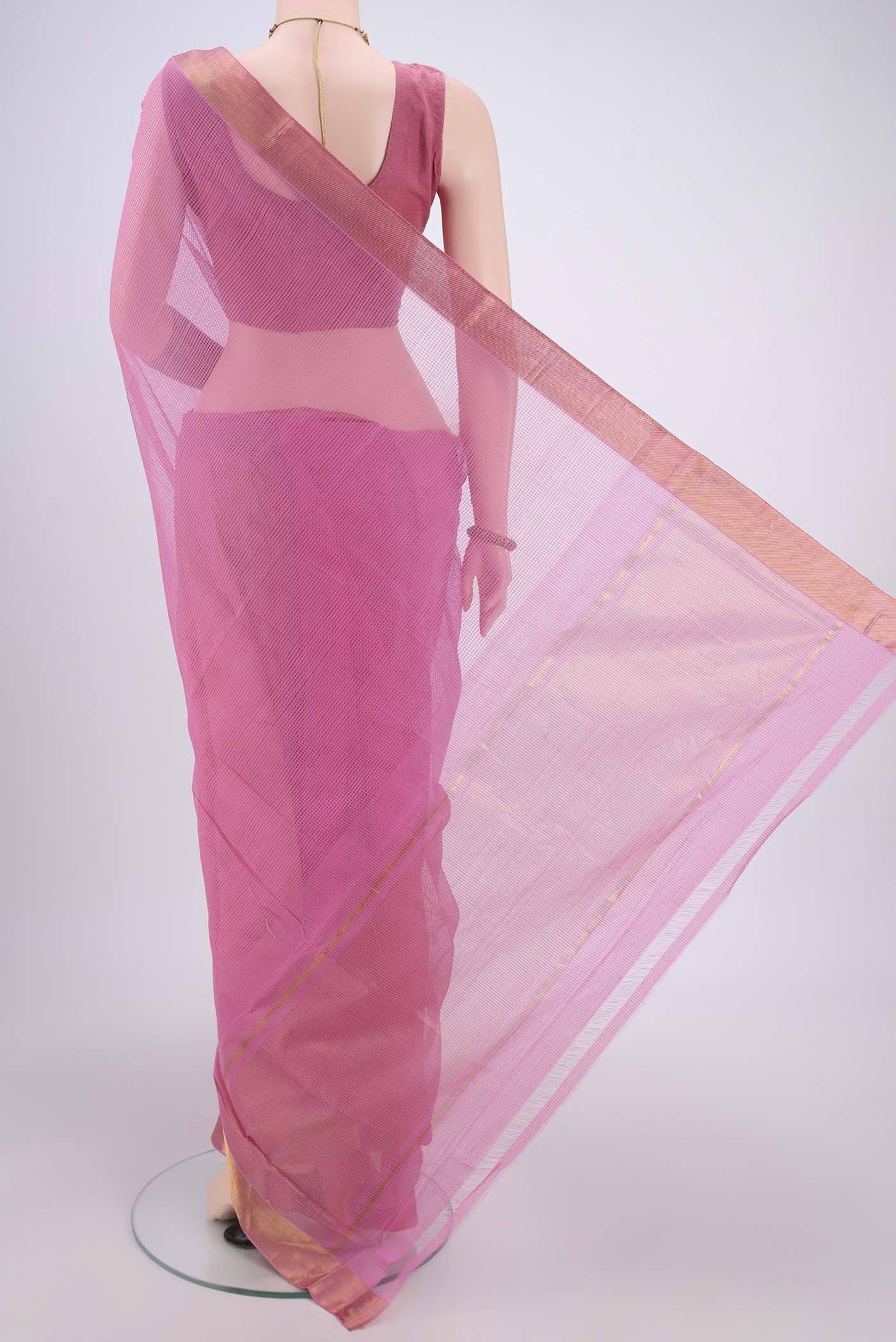 Flat view of Rose pink Mangalagiri Cotton Saree with Plain Body and Zari Border. 