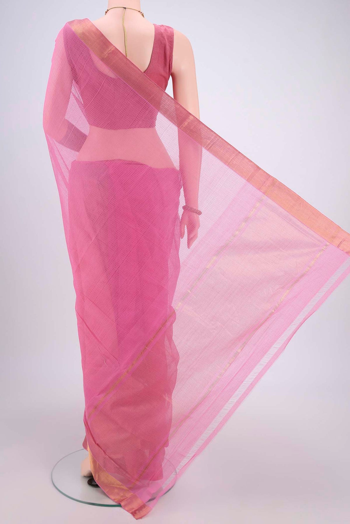 Flat view of Rose pink Mangalagiri Cotton Saree with Plain Body and Zari Border. 