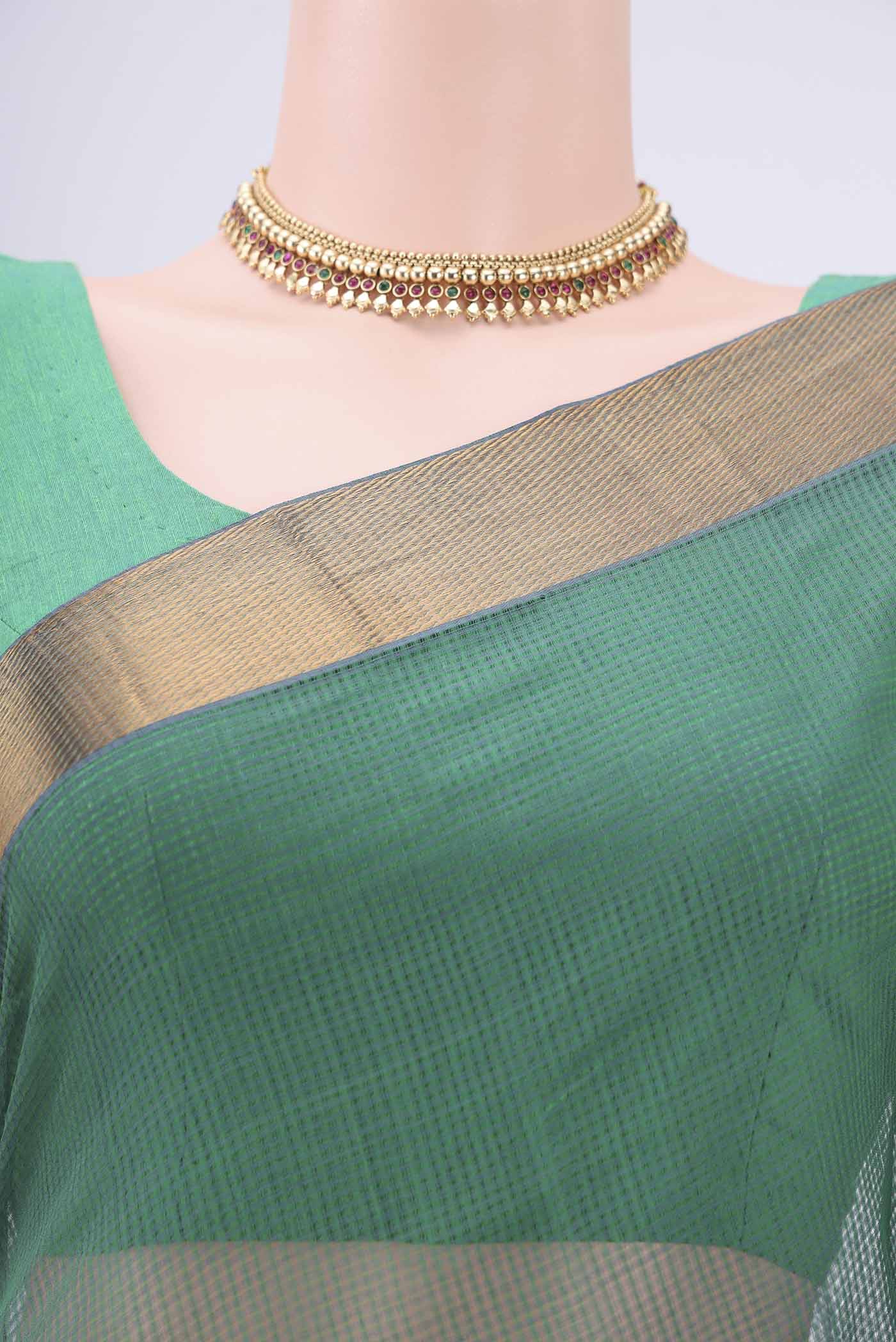 Border image of Green Mangalagiri Cotton Saree with Plain Body and Zari Border. 