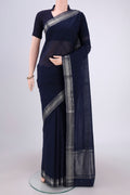 Navy Blue Mangalagiri Cotton Saree with Plain Body and Zari Border.  displayed on a mannequin