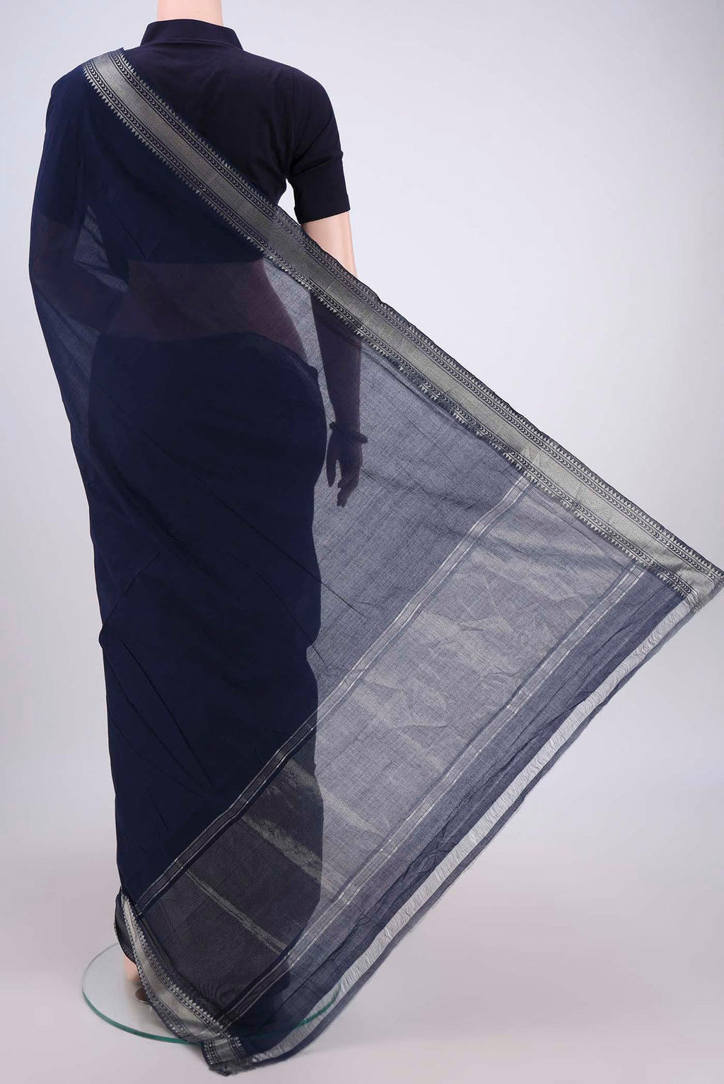 Flat view of Navy Blue Mangalagiri Cotton Saree with Plain Body and Zari Border. 