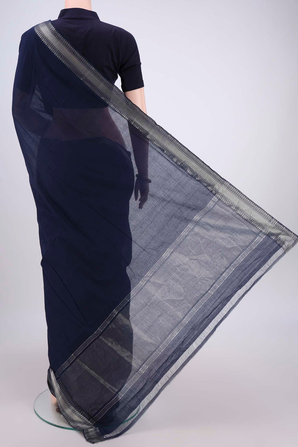 Flat view of Navy Blue Mangalagiri Cotton Saree with Plain Body and Zari Border. 