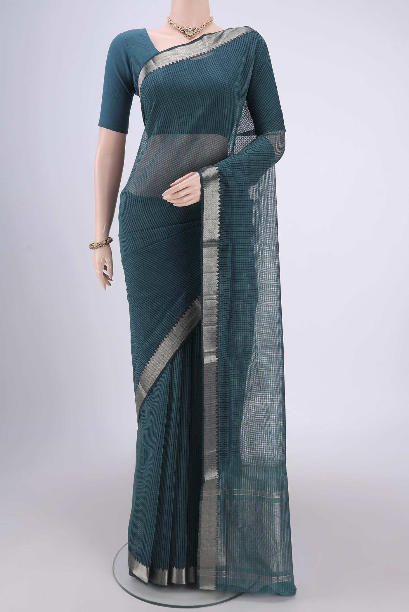 Green Mangalagiri Cotton Saree with Plain Body and Zari Border.  displayed on a mannequin