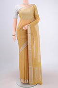 Mustard Mangalagiri Cotton Saree with Stripes on the body and Zari Border.  displayed on a mannequin