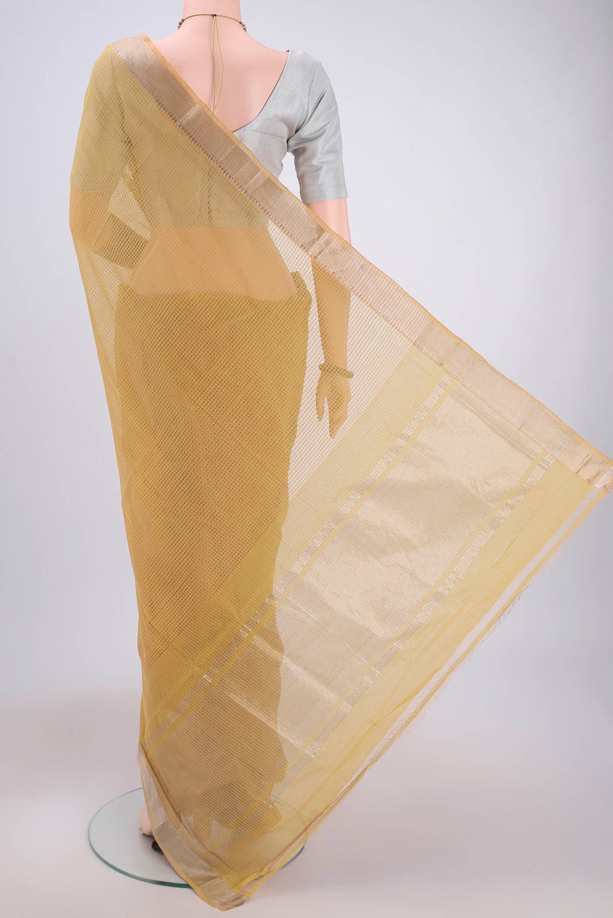 Flat view of Mustard Mangalagiri Cotton Saree with Stripes on the body and Zari Border. 