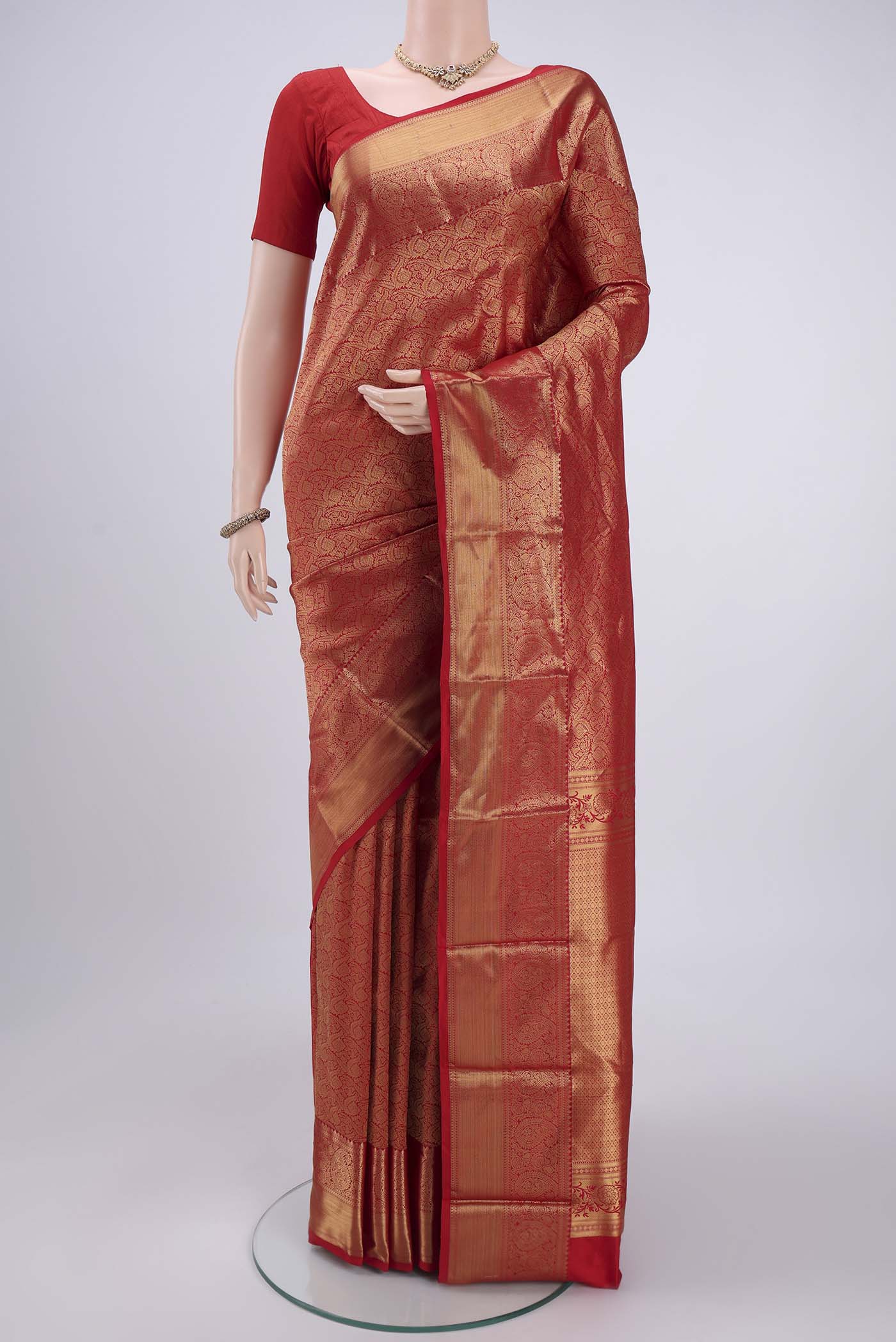 Red Bangalore Silk Saree with Zari Brocade on the body and Zari Border.  displayed on a mannequin