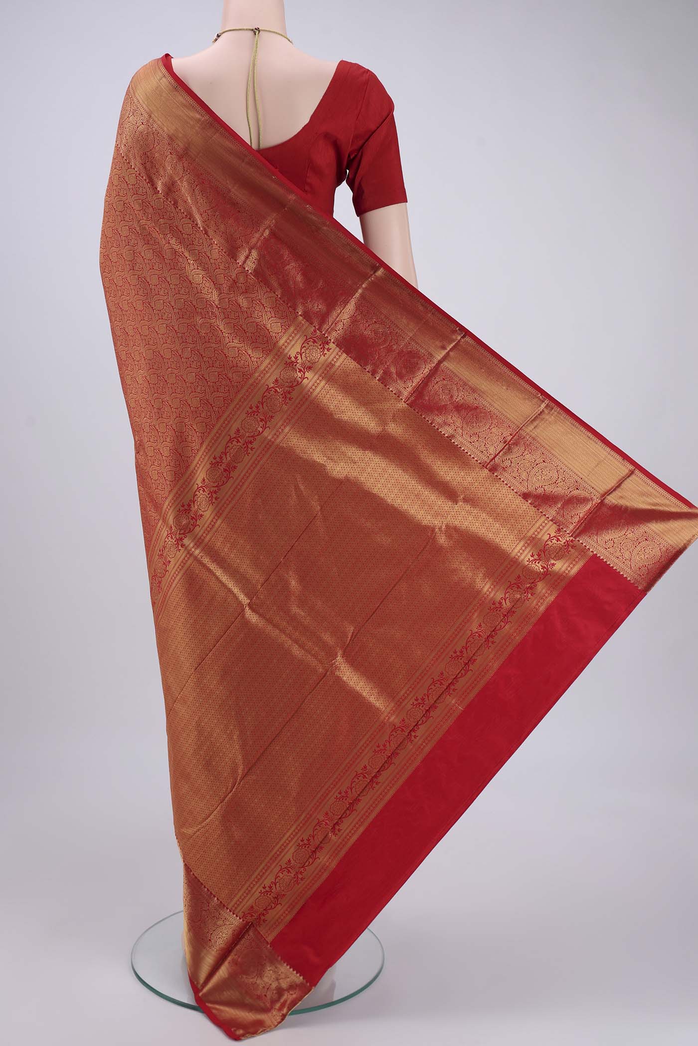 Flat view of Red Bangalore Silk Saree with Zari Brocade on the body and Zari Border. 