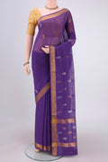 Purple Venkatagiri Cotton Saree with Zari Butta on the body and Zari Border.  displayed on a mannequin