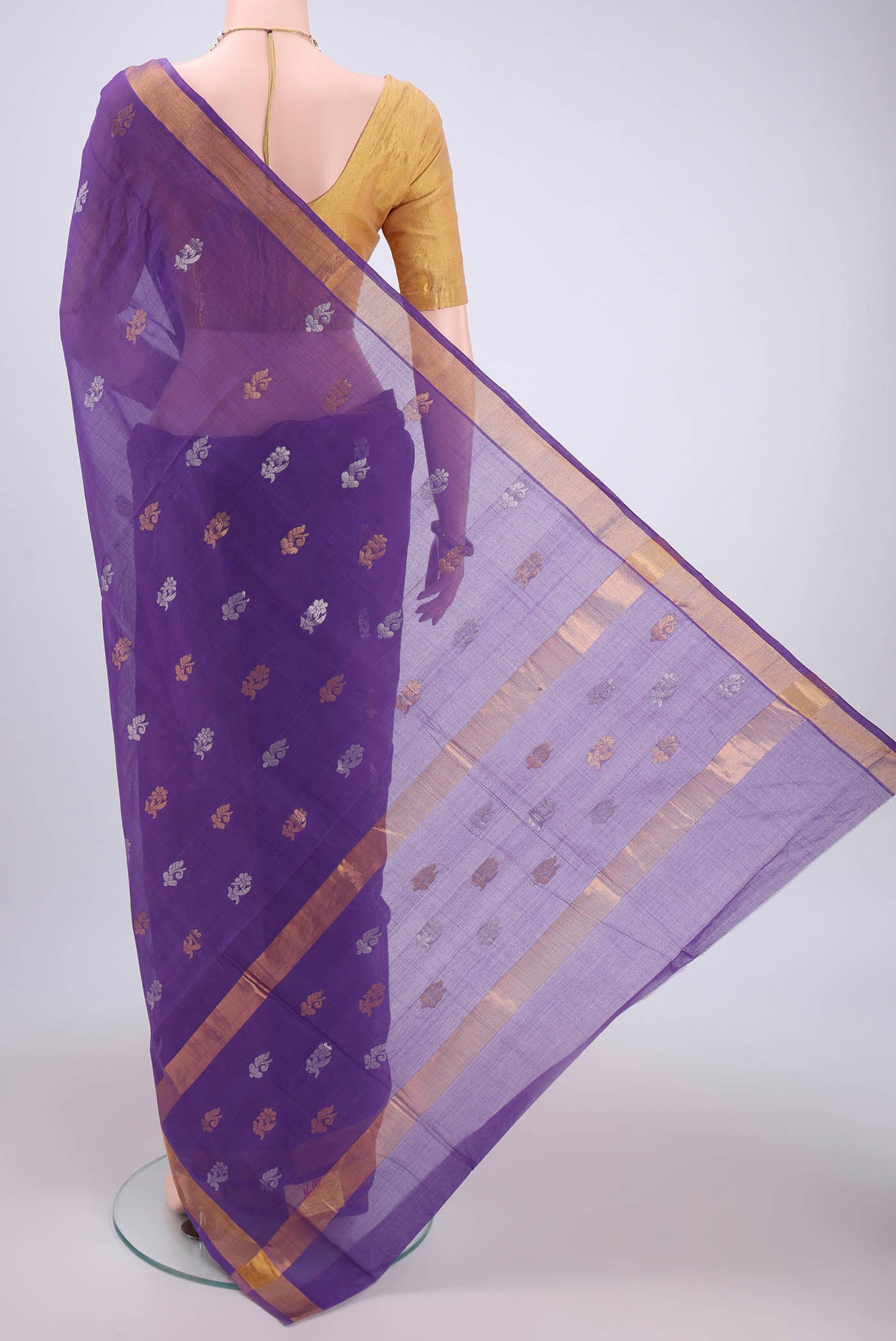 Flat view of Purple Venkatagiri Cotton Saree with Zari Butta on the body and Zari Border. 