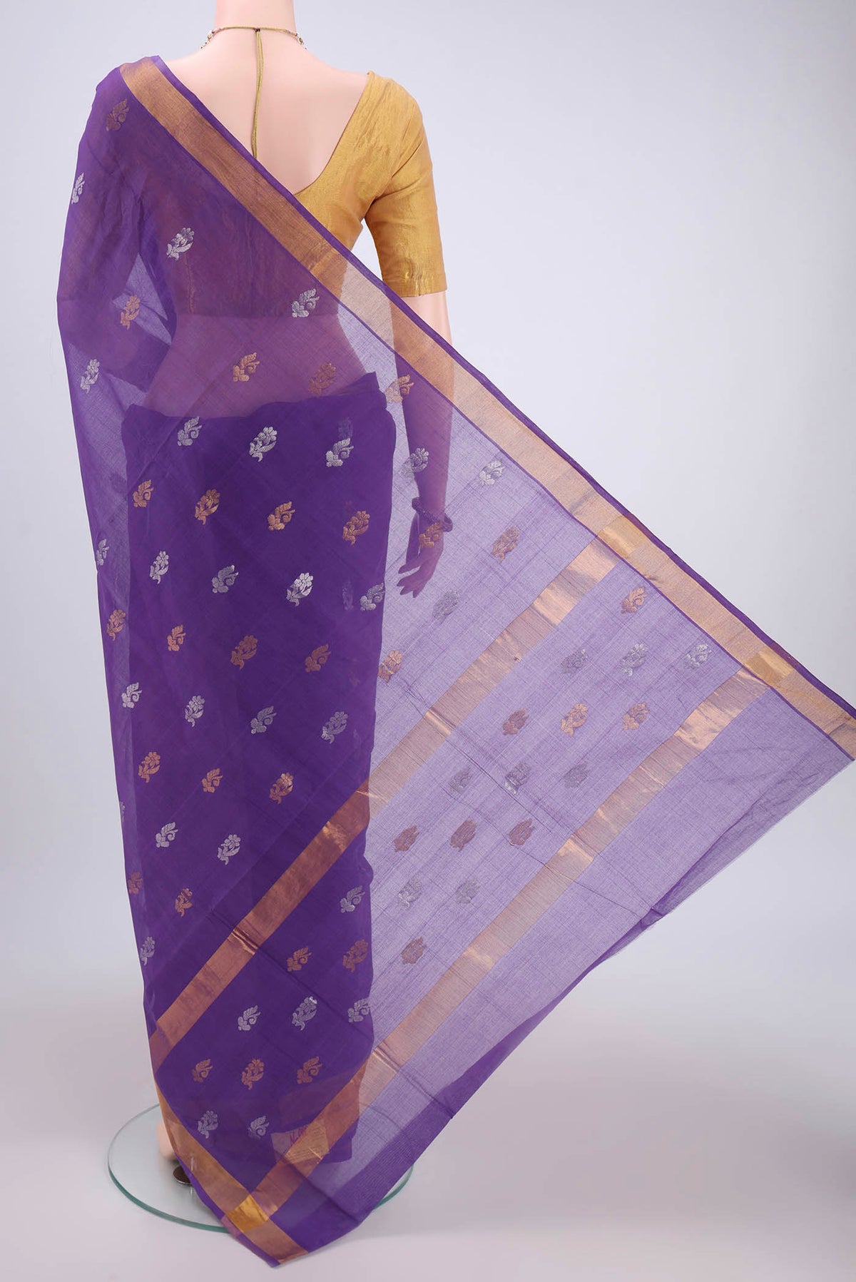 Flat view of Purple Venkatagiri Cotton Saree with Zari Butta on the body and Zari Border. 