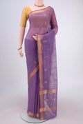 Mauve Venkatagiri Cotton Saree with Zari Butta on the body and Zari Border.  displayed on a mannequin