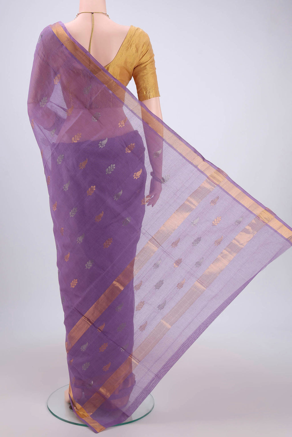 Flat view of Mauve Venkatagiri Cotton Saree with Zari Butta on the body and Zari Border. 