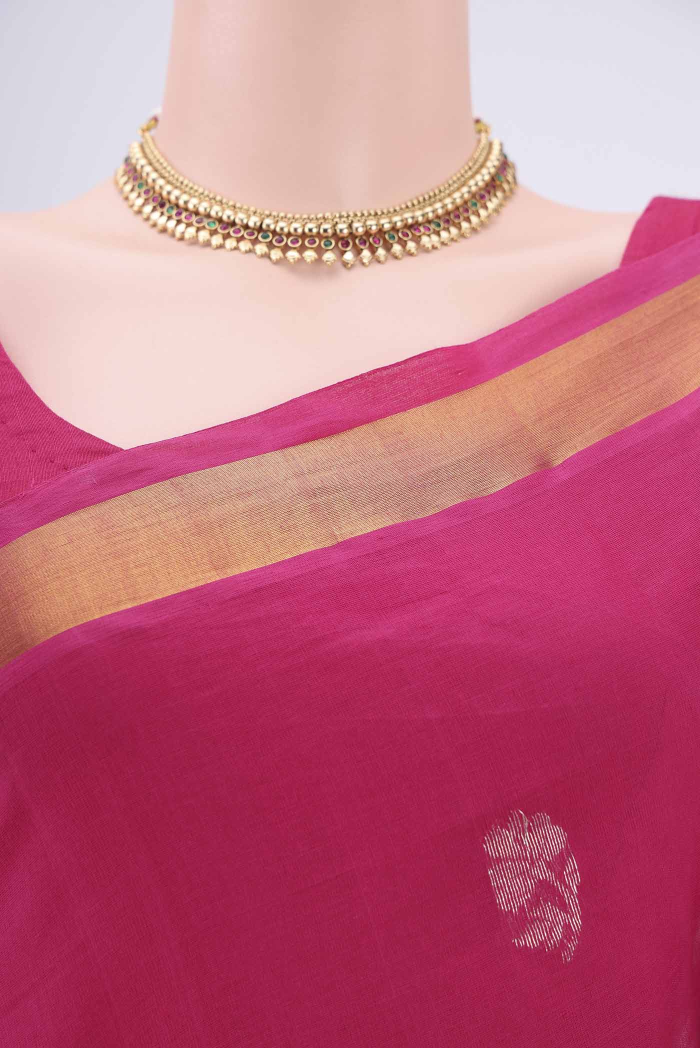 Border image of Rani Pink Venkatagiri Cotton Saree with Zari Butta on the body and Zari Border. 