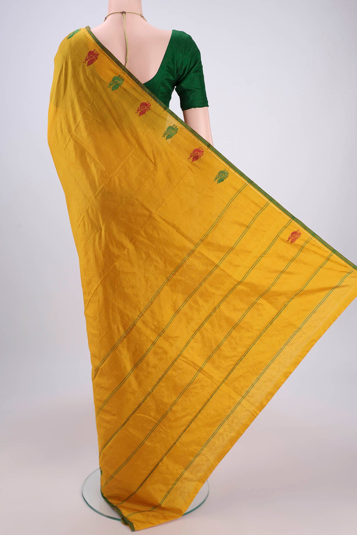 Flat view of Mustard Dual Tone Kanchipuram Silk Saree with Plain Body and Zari And Thread Border. 