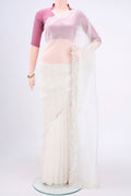 White Organza Silk Saree with Embroidery on the body and Embroidery Border.  displayed on a mannequin