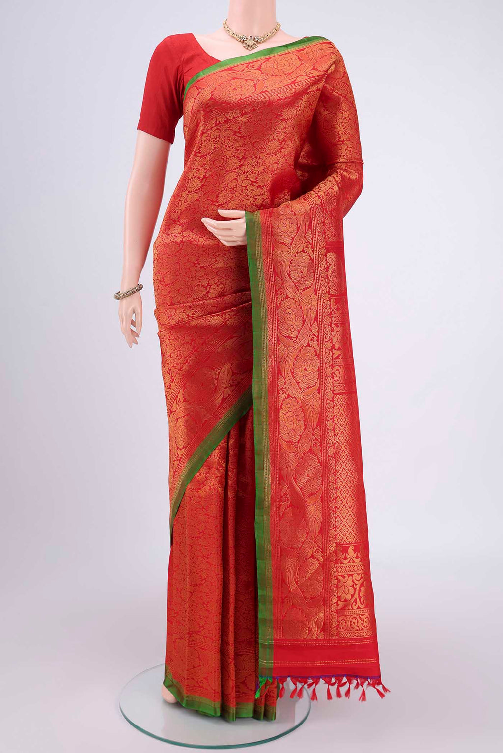 Red Dual Tone Gadwal Silk Saree with Zari Brocade on the body and Zari Border.  displayed on a mannequin