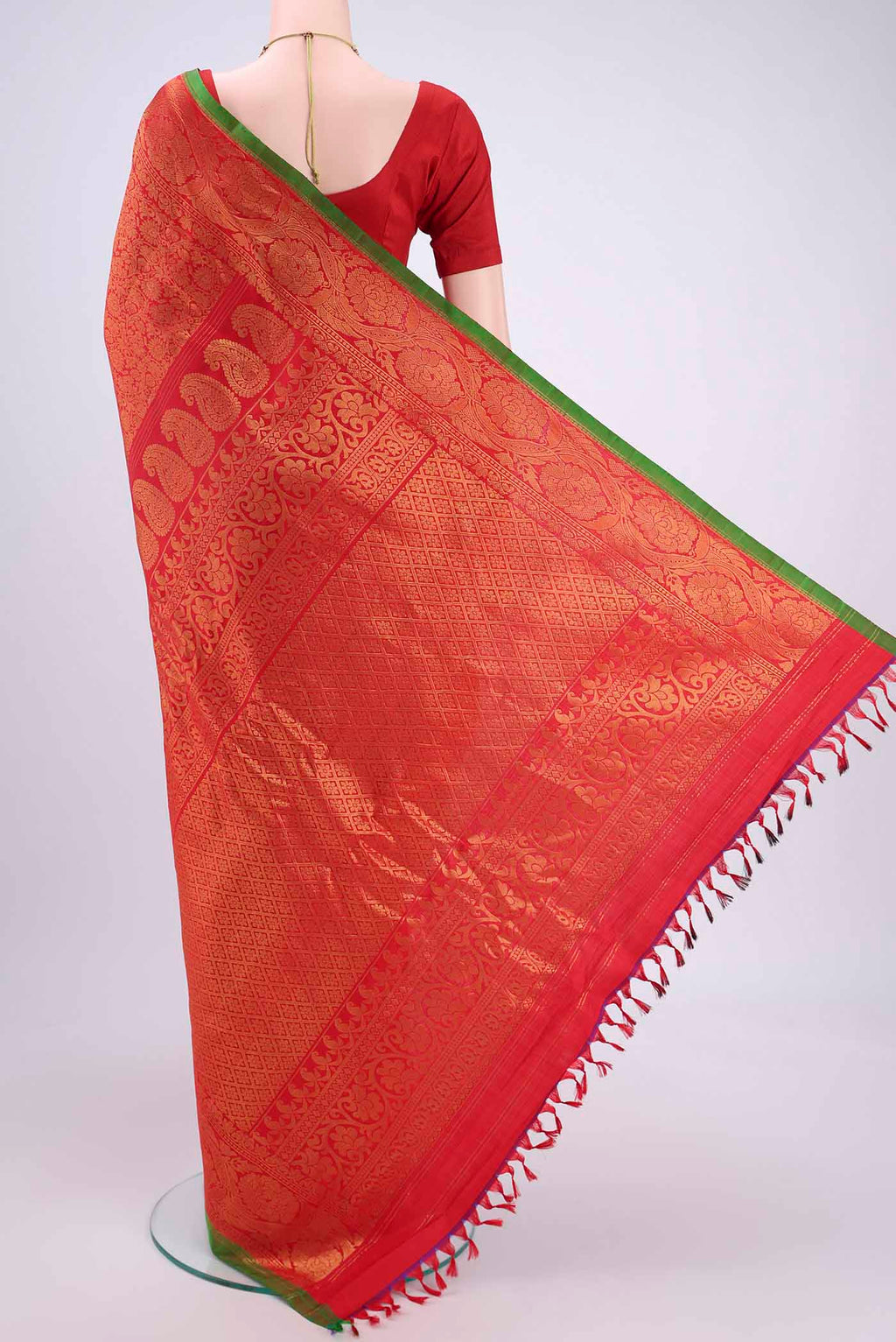 Flat view of Red Dual Tone Gadwal Silk Saree with Zari Brocade on the body and Zari Border. 