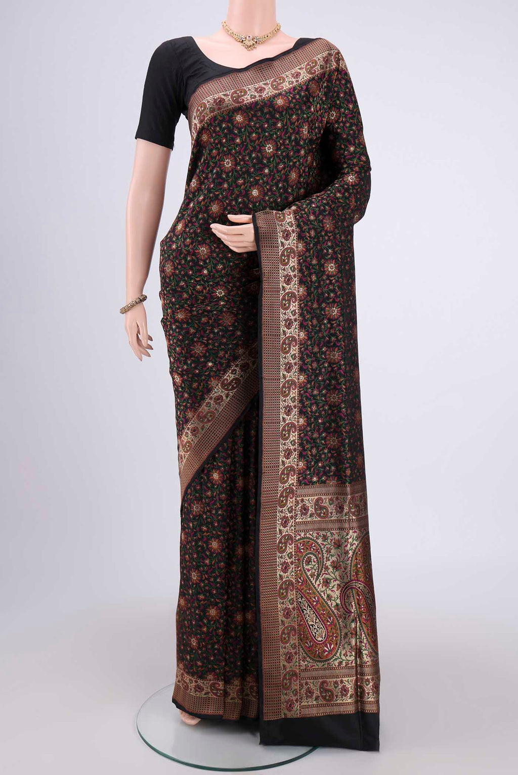 Black Banarasi Tanchoi Silk Saree with Jacquard design on the body and Thread Border.  displayed on a mannequin