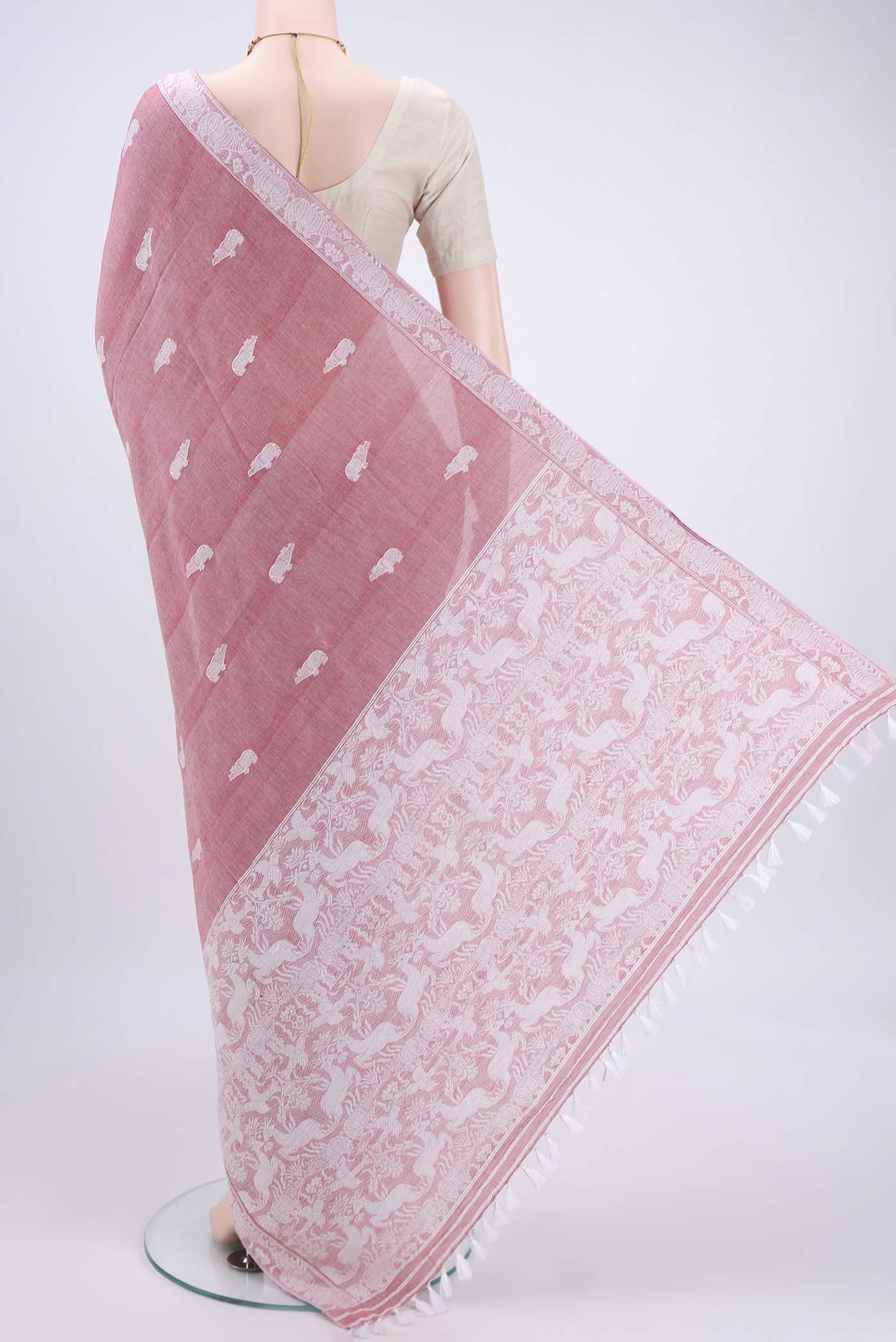 Flat view of Pink Assam Cotton Saree with Thread Butta on the body and Plain Border. 