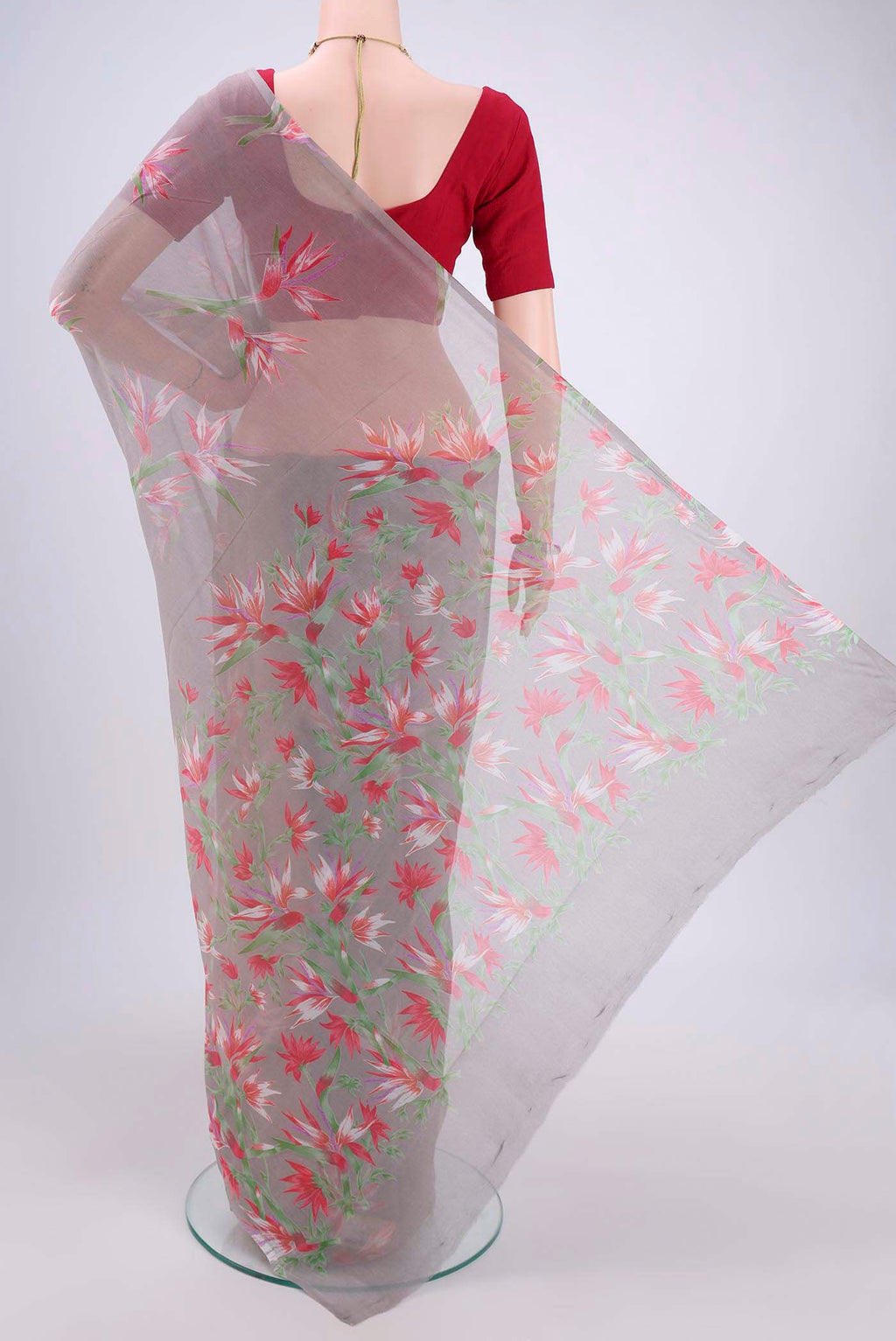 Flat view of Grey Mysore Chiffon Saree with Floral Print on the body and Without Border. 