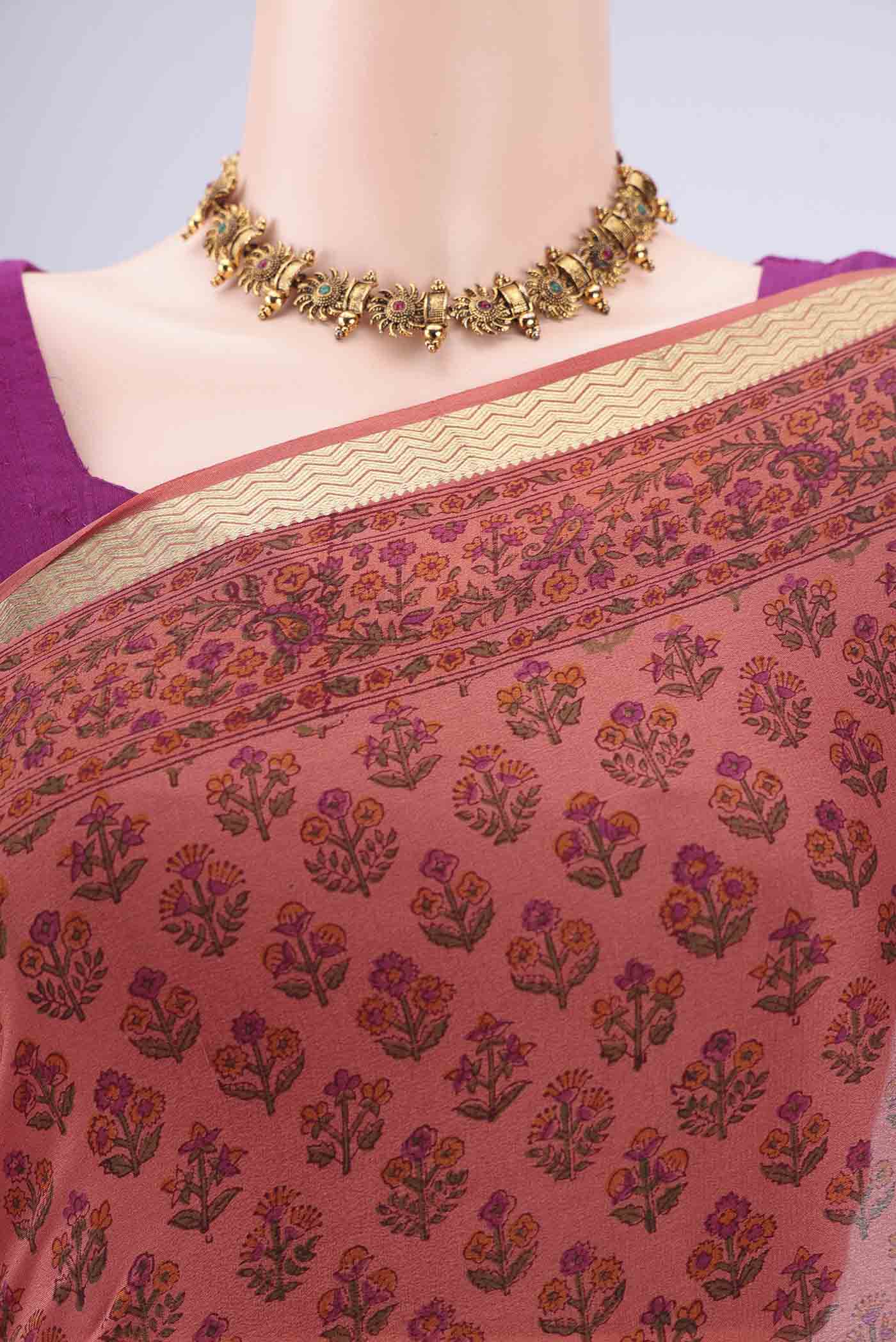 Border image of Coral Mysore Crepe Saree with Floral Print on the body and Zari Border. 