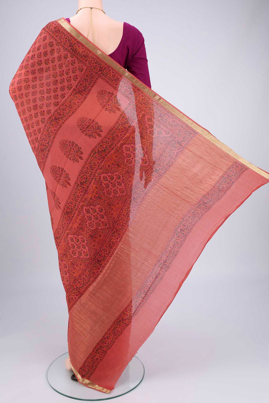 Flat view of Coral Mysore Crepe Saree with Floral Print on the body and Zari Border. 