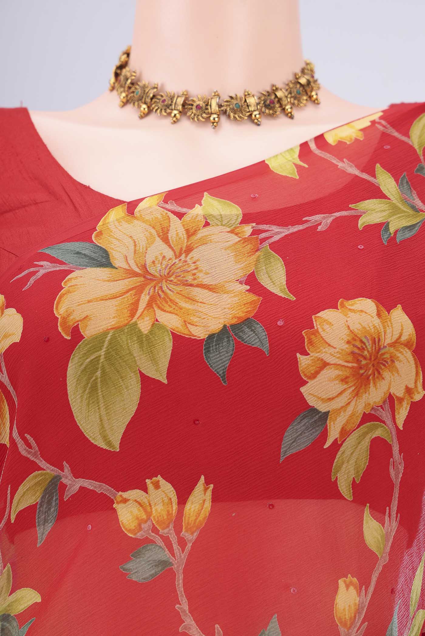 Border image of Red Mysore Chiffon Saree with Floral Print on the body and Without Border. 