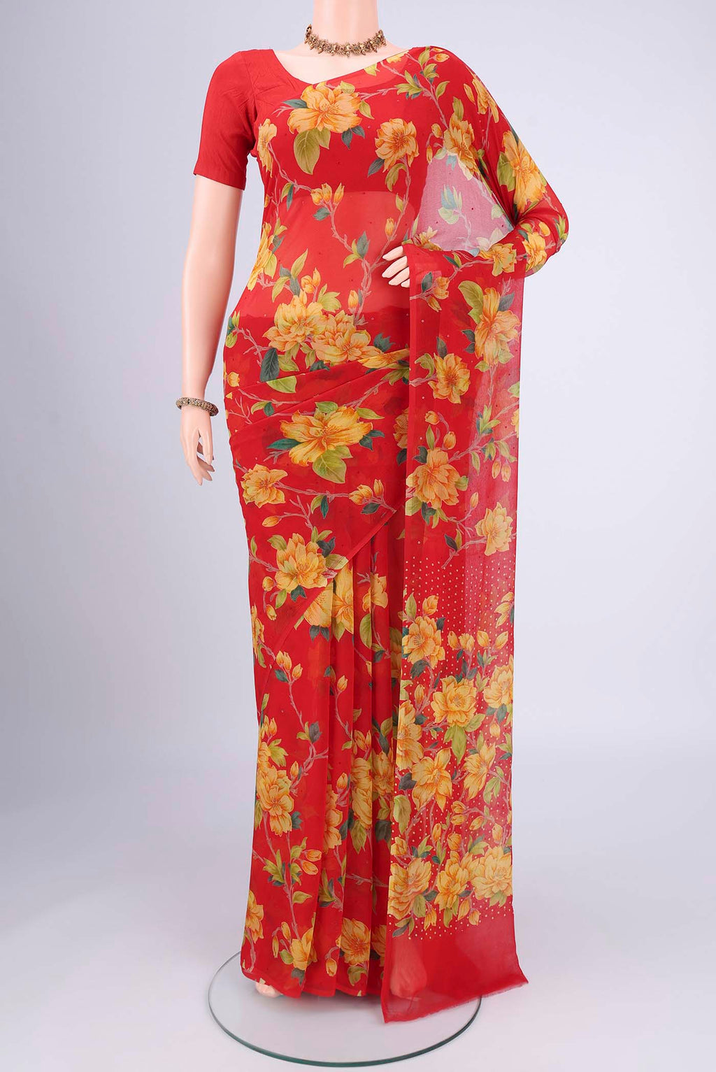 Red Mysore Chiffon Saree with Floral Print on the body and Without Border.  displayed on a mannequin