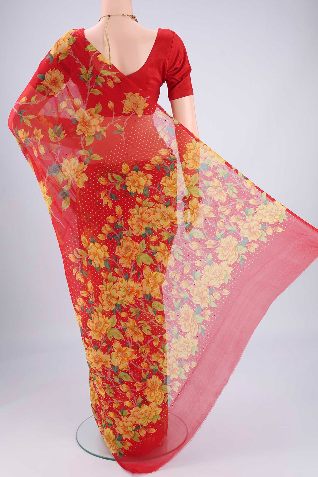 Flat view of Red Mysore Chiffon Saree with Floral Print on the body and Without Border. 